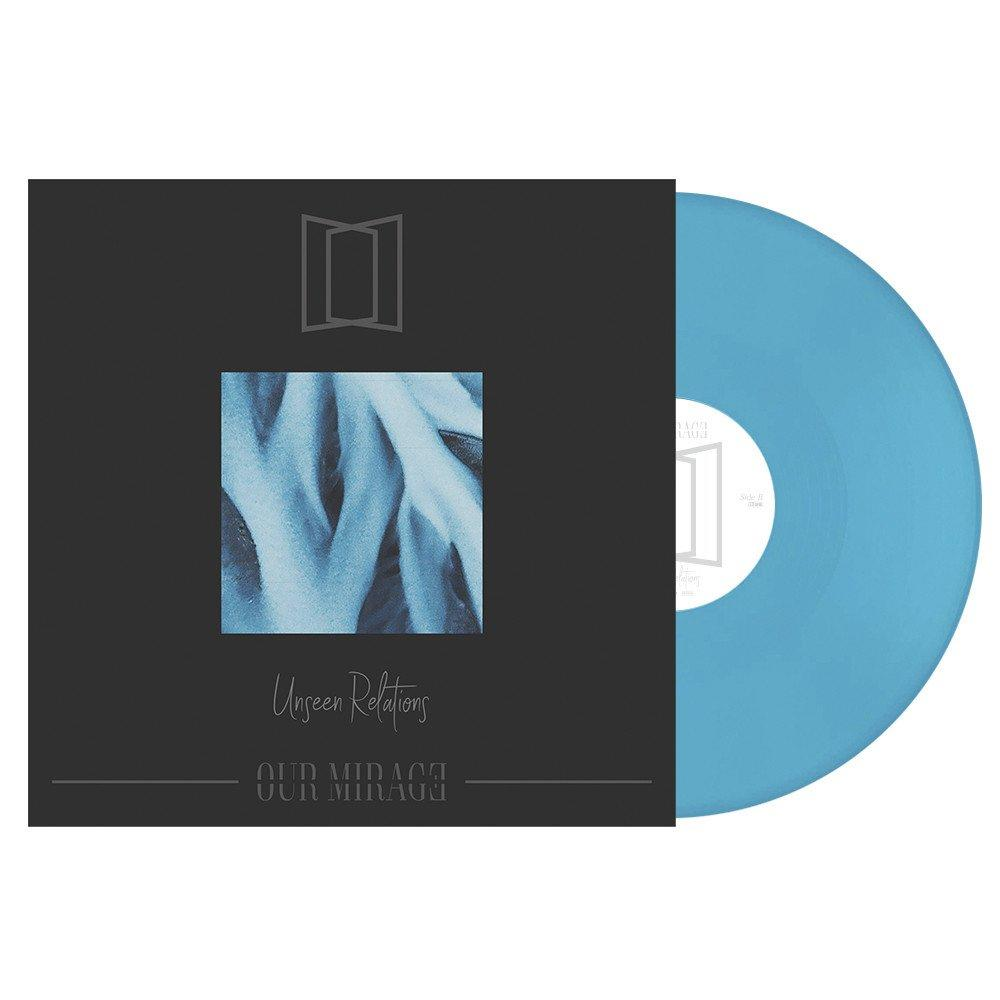 Albumcover mit blauer Vinyl-Schallplatte. Cover zeigt blaue abstrakte Kunst und Text 'Unseen Relations', 'Our Mirage'.