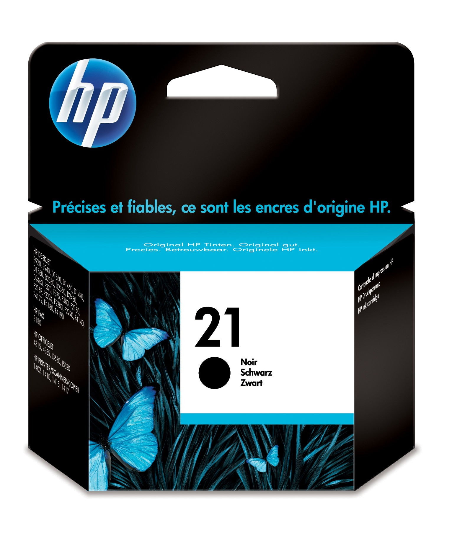 HP 21 schwarze Tintenpatronenverpackung. Es zeigt eine schwarze Tintenpatrone mit blauen Schmetterlingen.