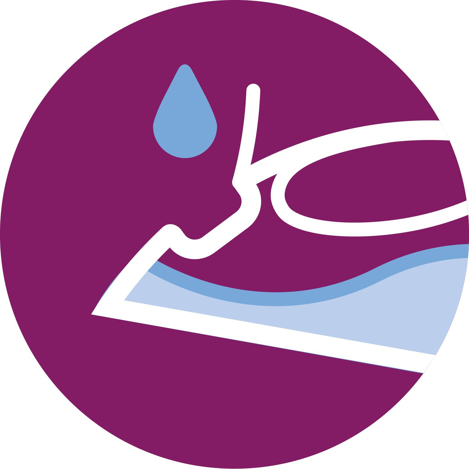 Ein violetter Kreis mit einem Wassertropfen und einer gebogenen Linie, die Wasser symbolisieren.
