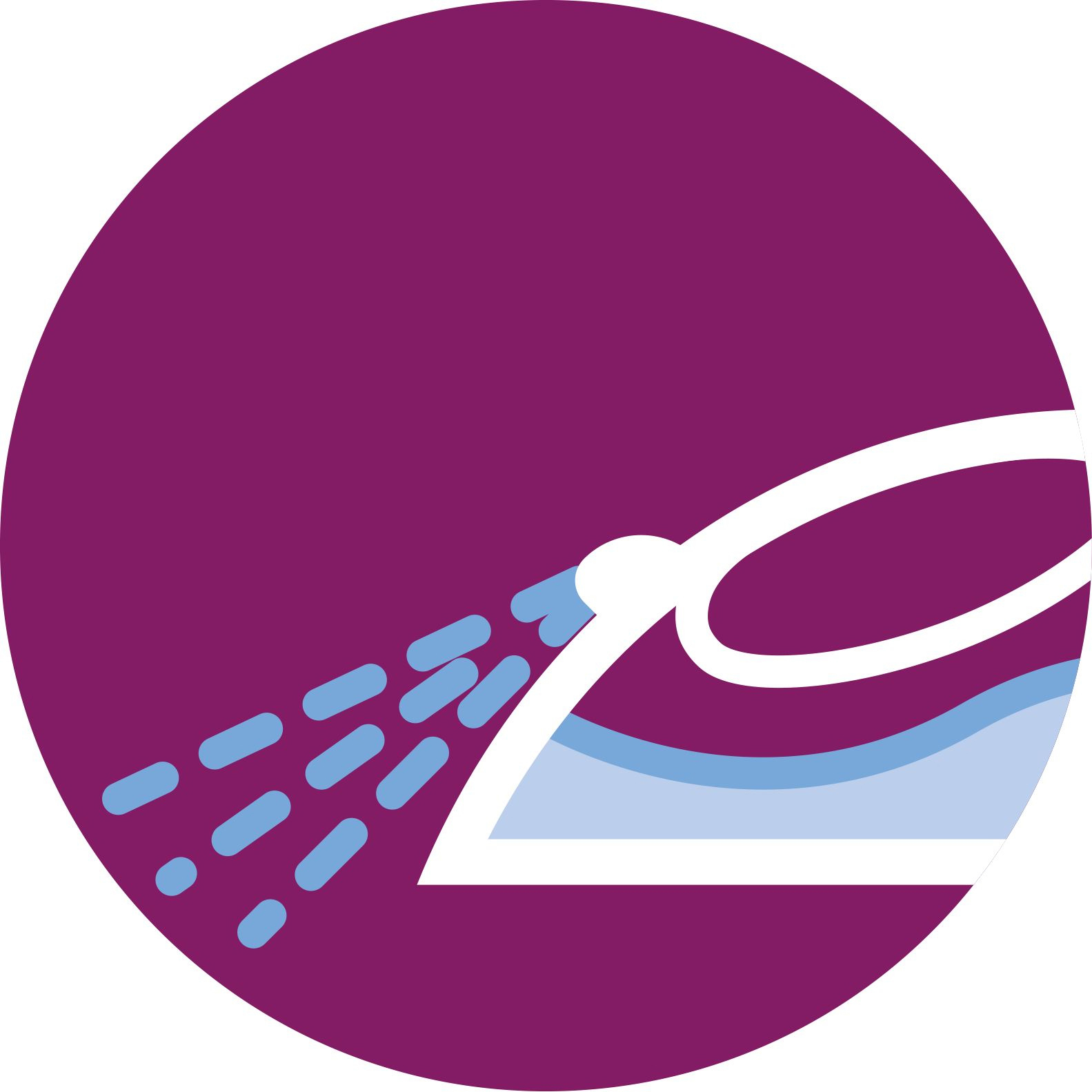 Bügeleisen-Symbol in einem lila Kreis, Wasser sprüht aus dem Bügeleisen.