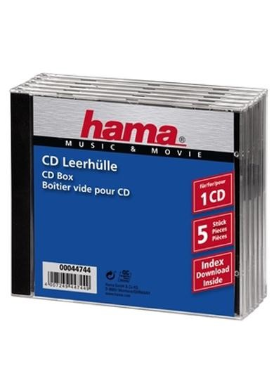A stack of five clear plastic CD cases with a blue and silver label.