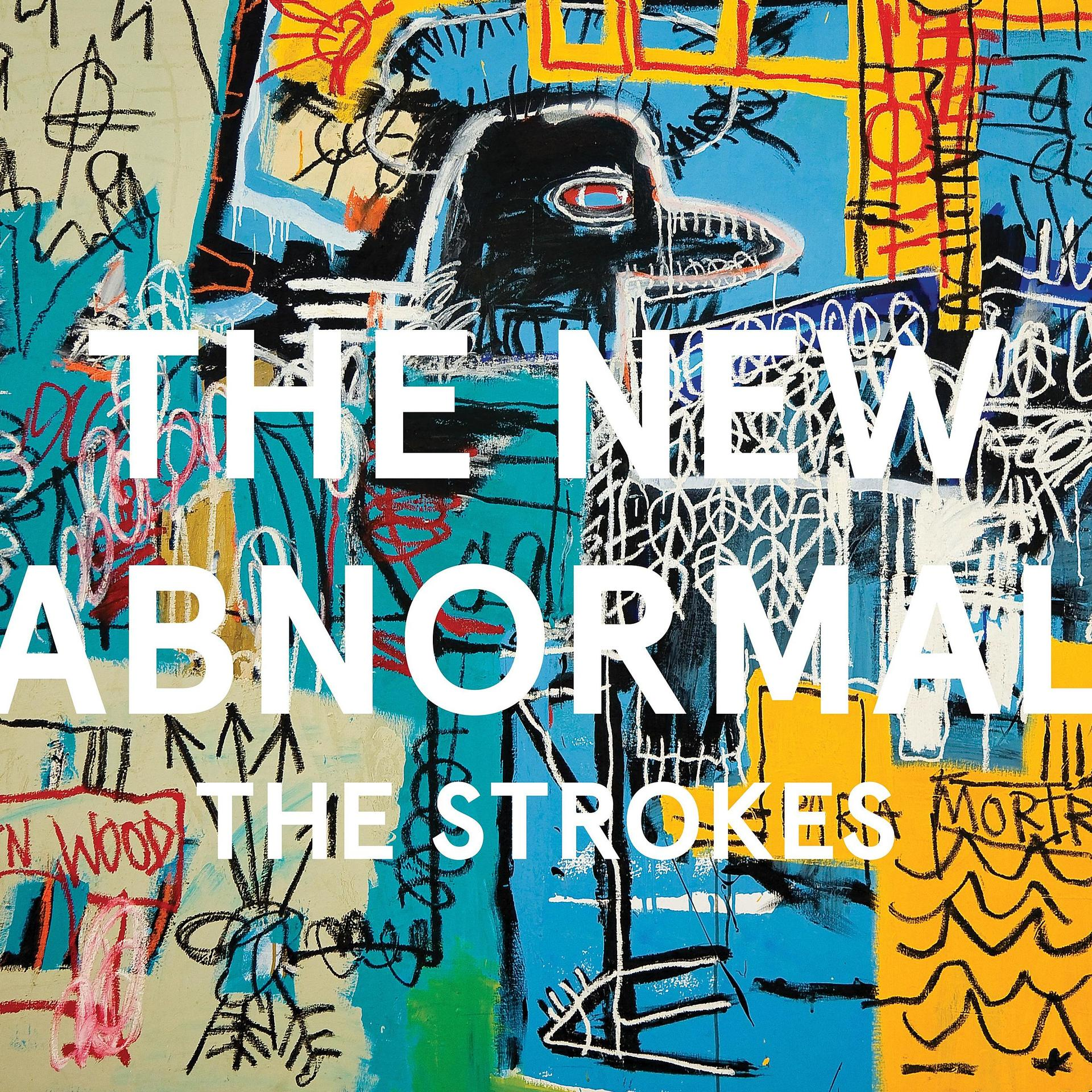 Abstract schilderij met de tekst 'THE NEW ABNORMAL' en de bandnaam 'THE STROKES'.