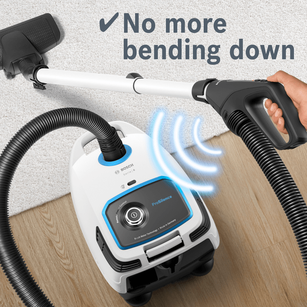 Weißer und blauer Staubsauger mit dem Text "No more bending down".