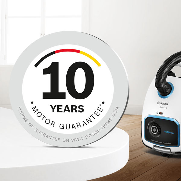 Bosch Staubsauger mit 10 Jahren Motorgarantie-Abzeichen.