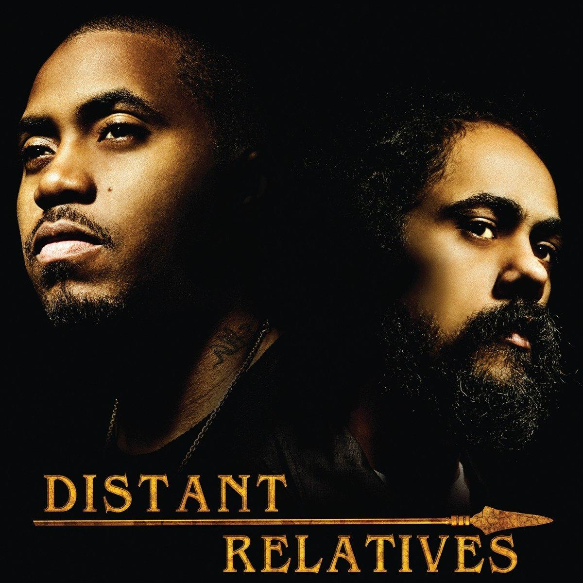 Albumcover mit zwei Männerporträts. Titel 'Distant Relatives' und ein Speerbild.