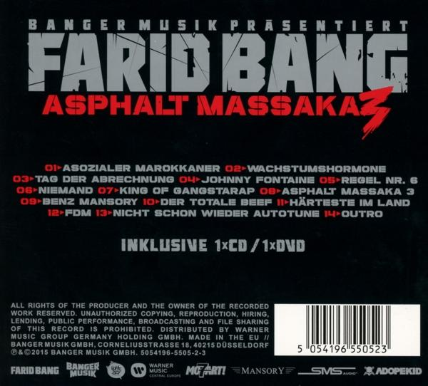 Die Rückseite einer Farid Bang Asphalt Massaka 3 CD.