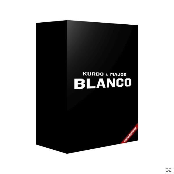 Eine schwarze Box mit weißem Text KURDO & MAJOE BLANCO und einem roten Eck-Label.
