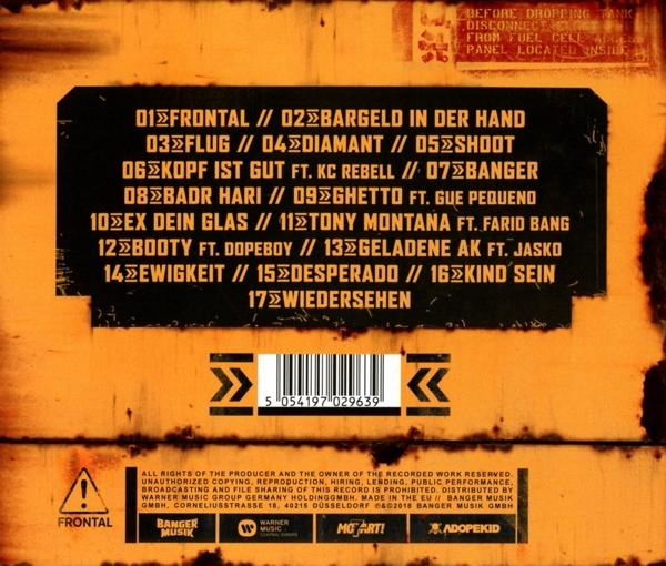 CD-Rückseite. Oranger Hintergrund mit schwarzem Text. Songtitel und Warnungen werden aufgelistet.