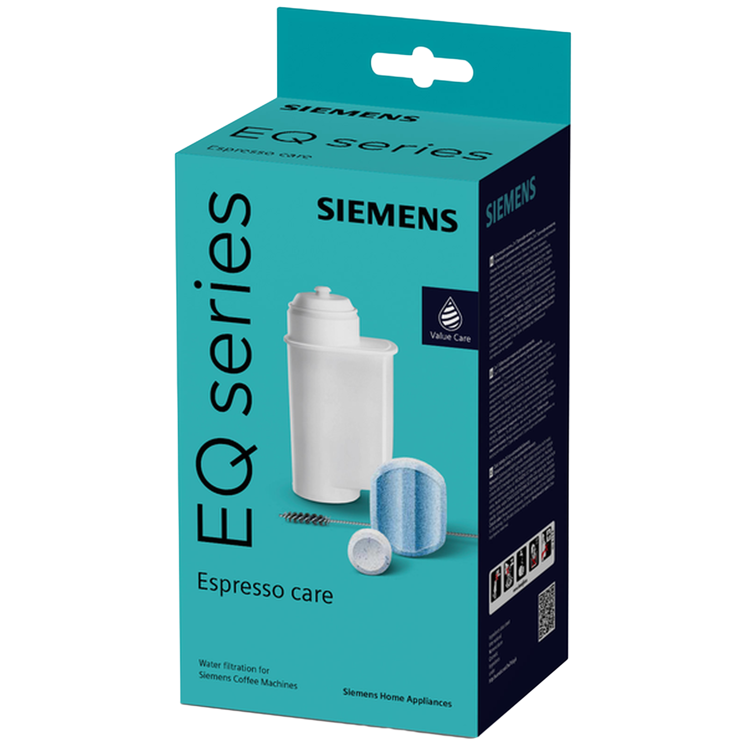 Siemens EQ Series water filter packaging with filter, brush, and capsule.