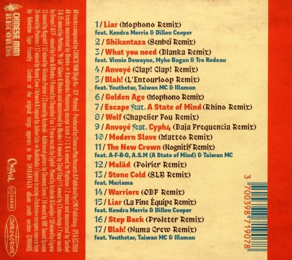 CD-Rückseite mit Songliste und Credits. Roter Rand, weiße Schrift.