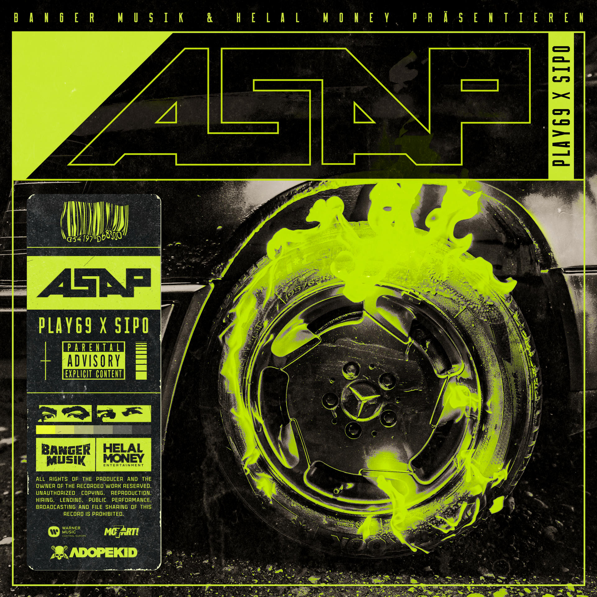 Albumcover. Schwarzer Autoreifen mit neongrüner Farbe bespritzt. ASAP-Text oben.