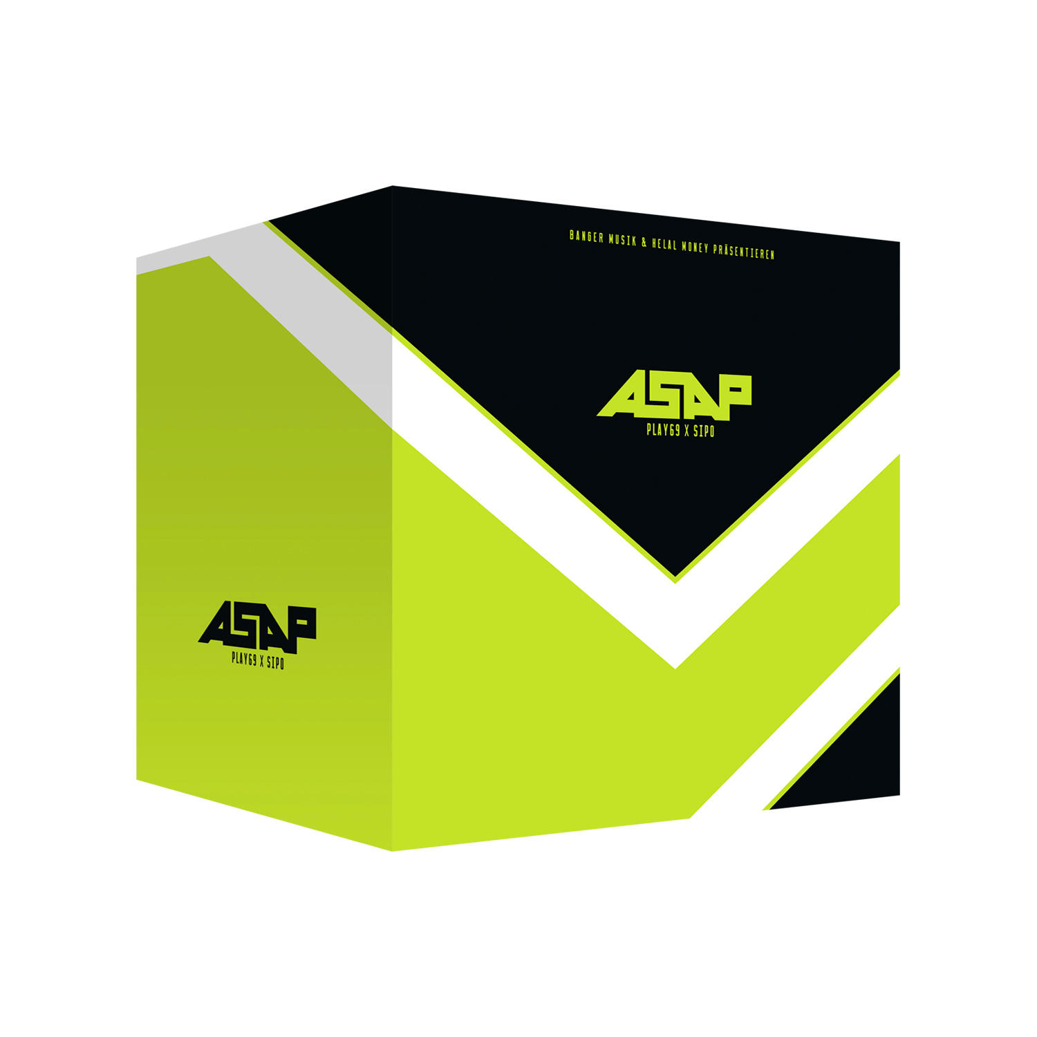 Würfelförmige Musikbox. Grün, schwarz und weißes Design mit ASAP-Logo. Weißer Hintergrund.