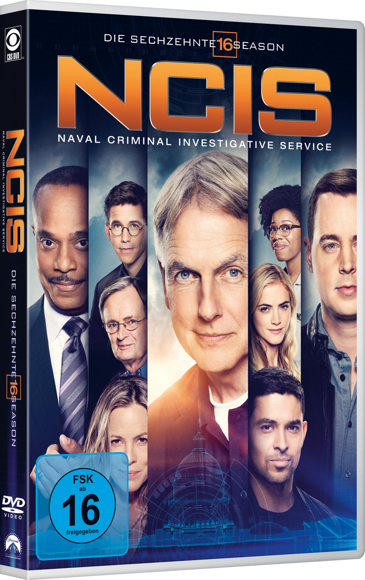 NCIS DVD-Cover mit Foto der Besetzung. Mit Mark Harmon und anderen Schauspielern. FSK 16.