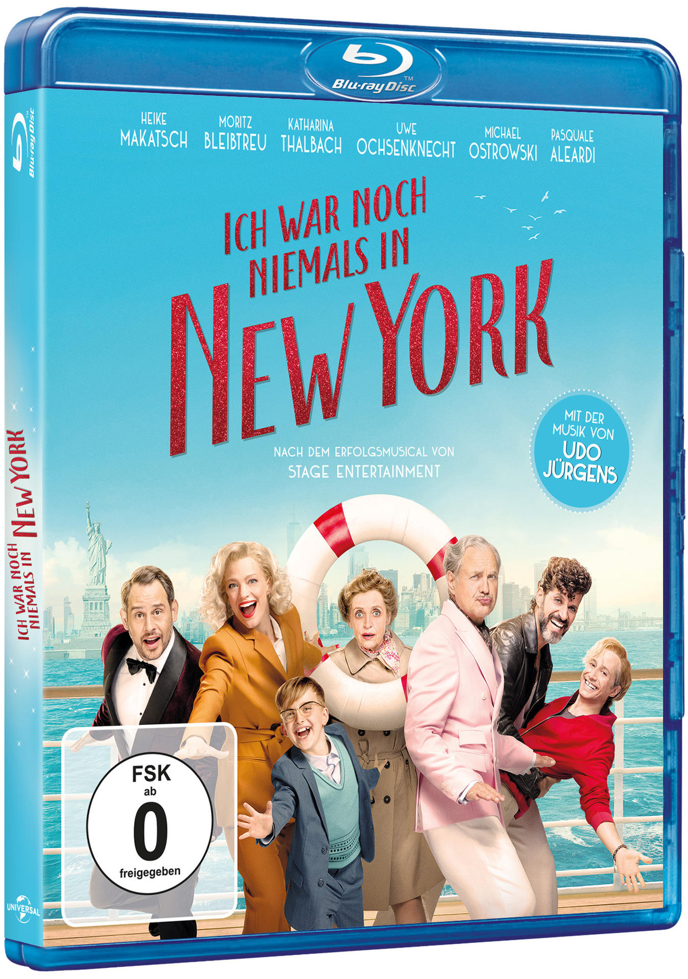 Blu-ray-Disc-Cover für den Film 'Ich war noch niemals in New York' mit einer Gruppe von Schauspielern.