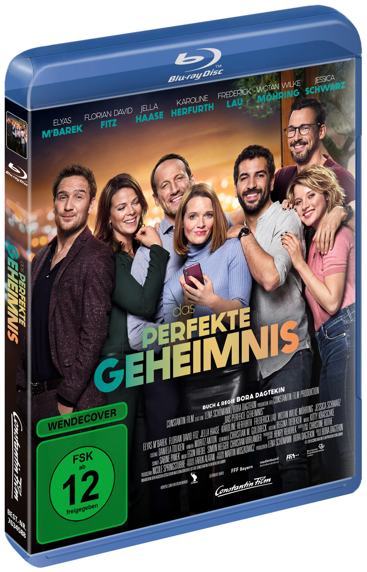 DVD-Cover mit einer Gruppe lächelnder Personen. Titel ist Das Perfekte Geheimnis, mit Schauspielern. Deutsch.