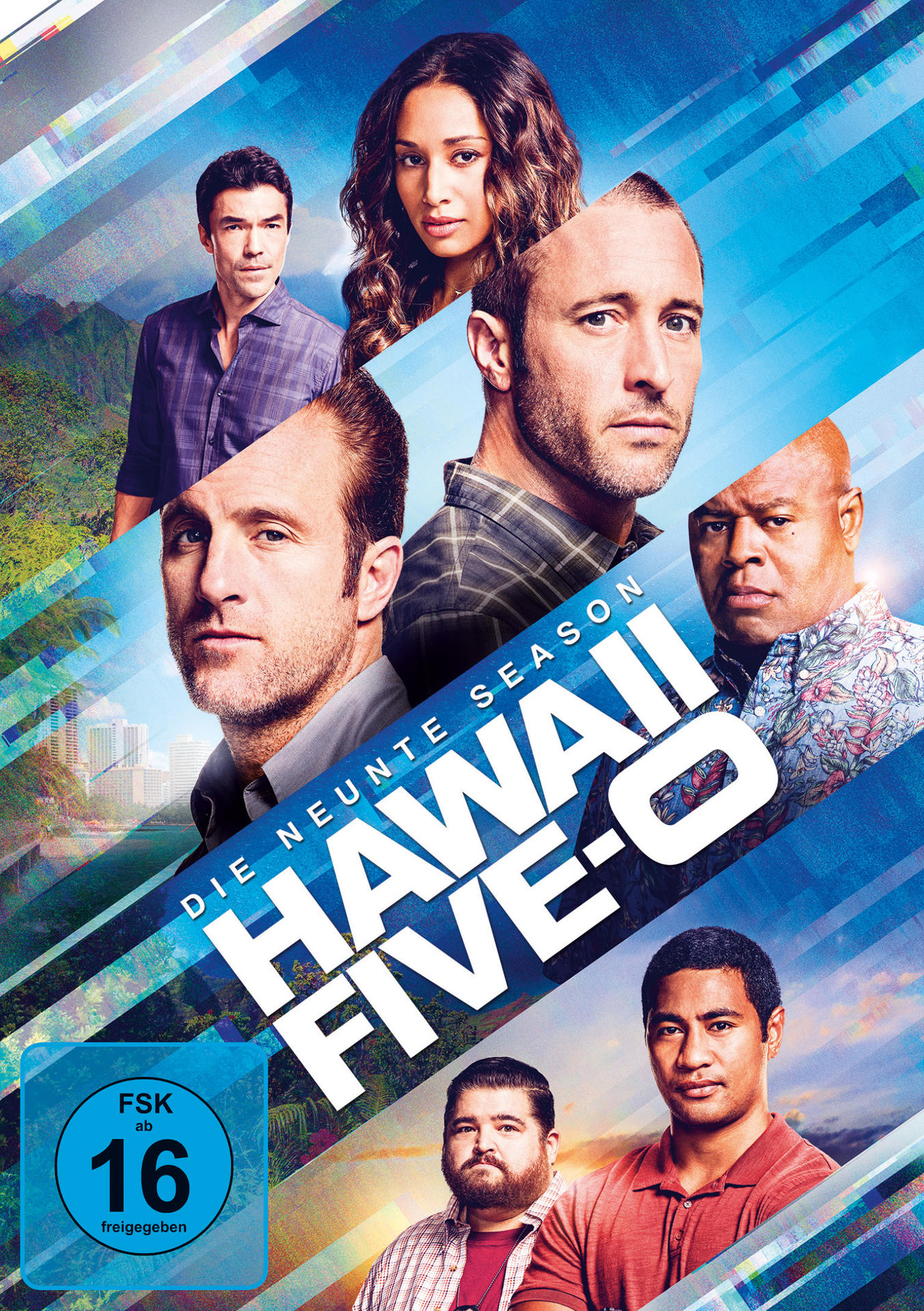 Hawaii Five-0 DVD-Cover: Mehrere Schauspieler, blauer Hintergrund, Text 'Die Neunte Season Hawaii Five-0', und ein Bewertungssymbol.