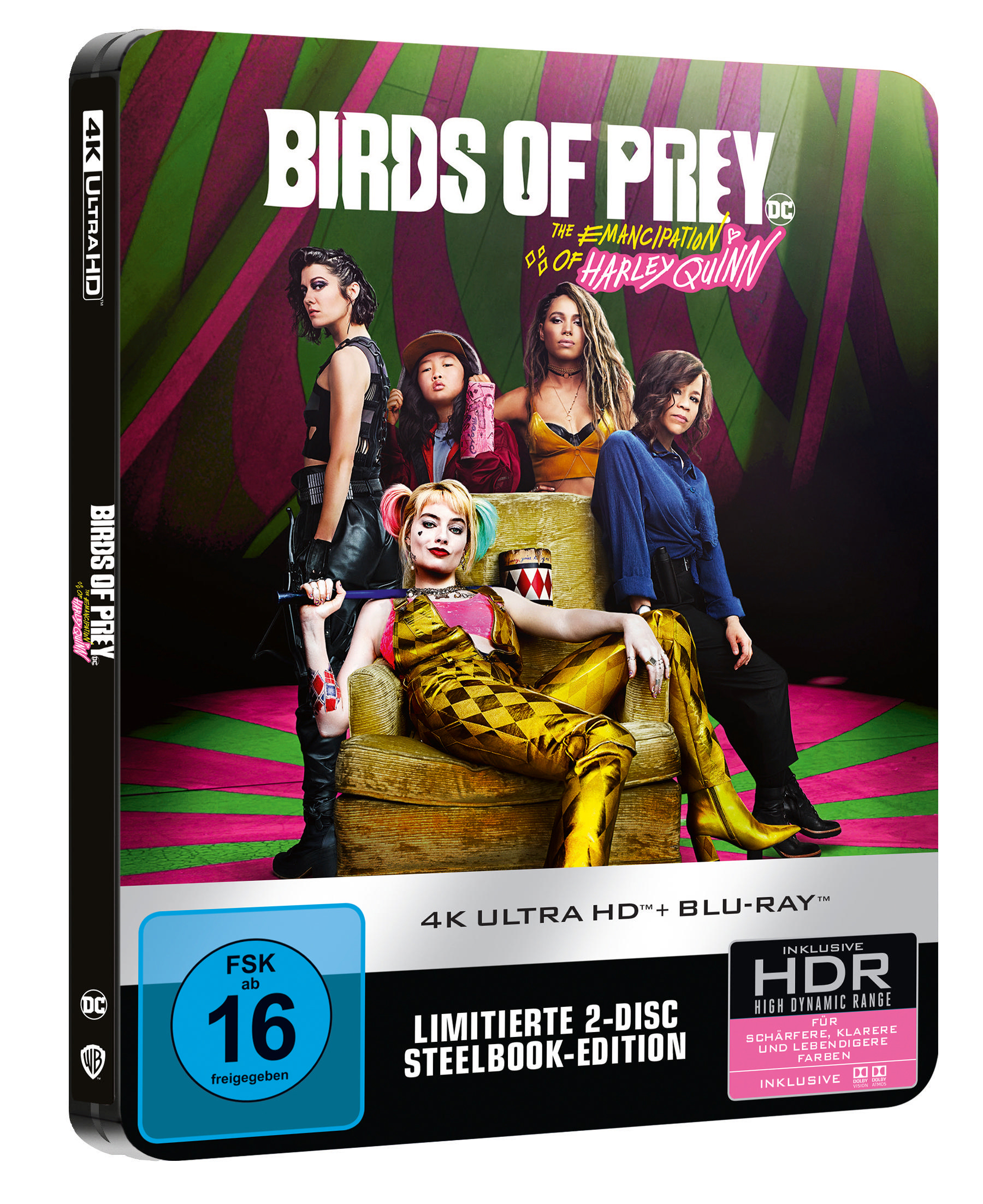 Birds of Prey Filmcover. 5 Frauen in bunten Outfits posieren. Blaue und schwarze Verpackung. FSK 16 Logo.