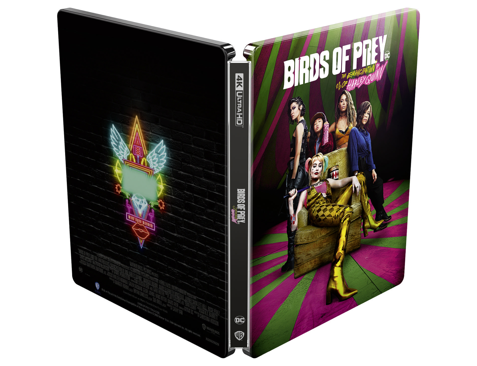 Birds of Prey Blu-ray-Hülle offen, Harley Quinn und andere Charaktere. Neon-Schild hinten.