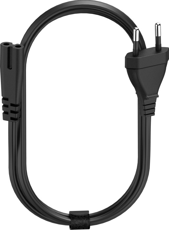 Schwarzes Netzkabel mit zweipoligem Stecker und Anschluss.