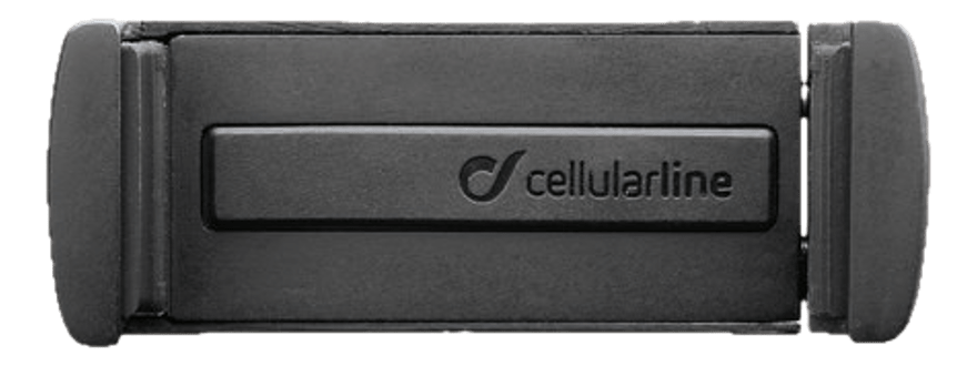 Support de téléphone noir. Le produit porte un logo "cellularline".