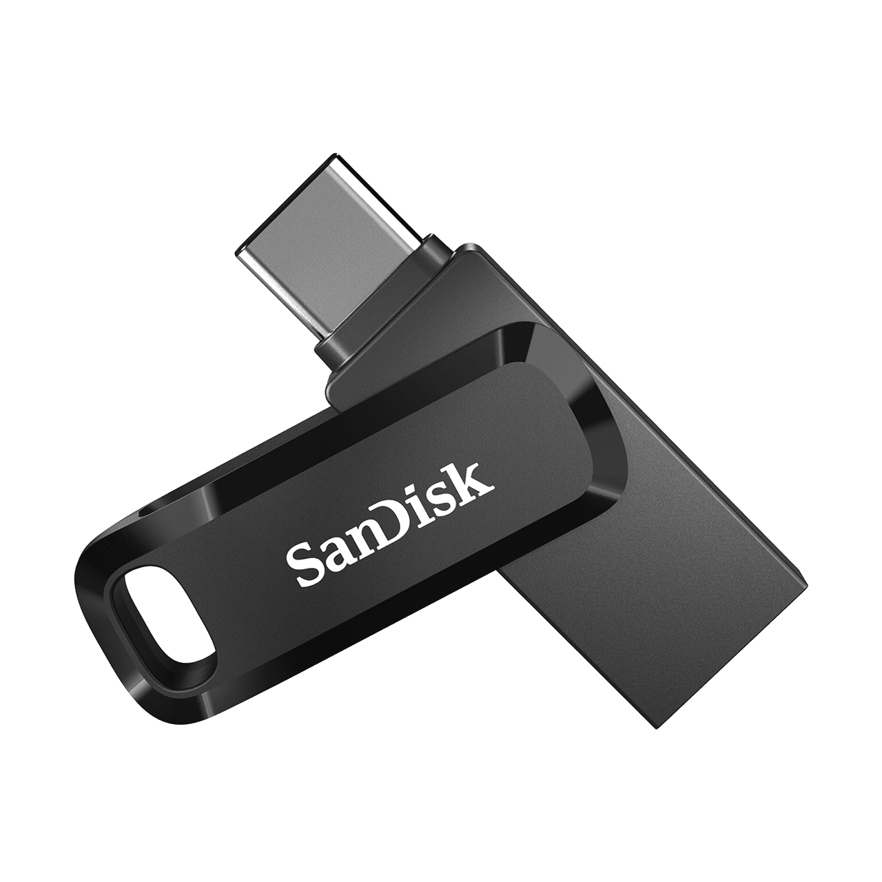 A black and silver SanDisk USB drive with a USB-C connector.