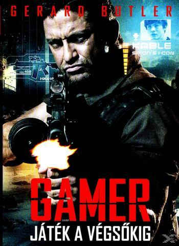 A Gamer című film plakátja. Gerard Butler fegyvert tart lángoló háttérrel.