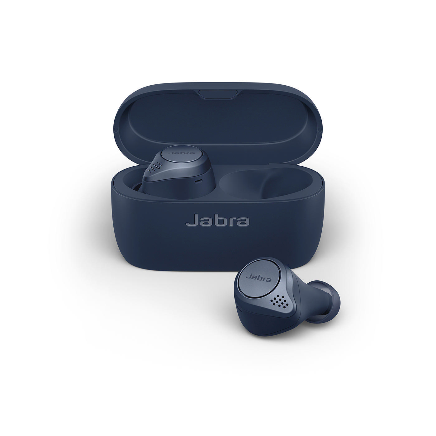 Jabra kabellose Ohrhörer in einem Ladecase. Blaues Farbschema.