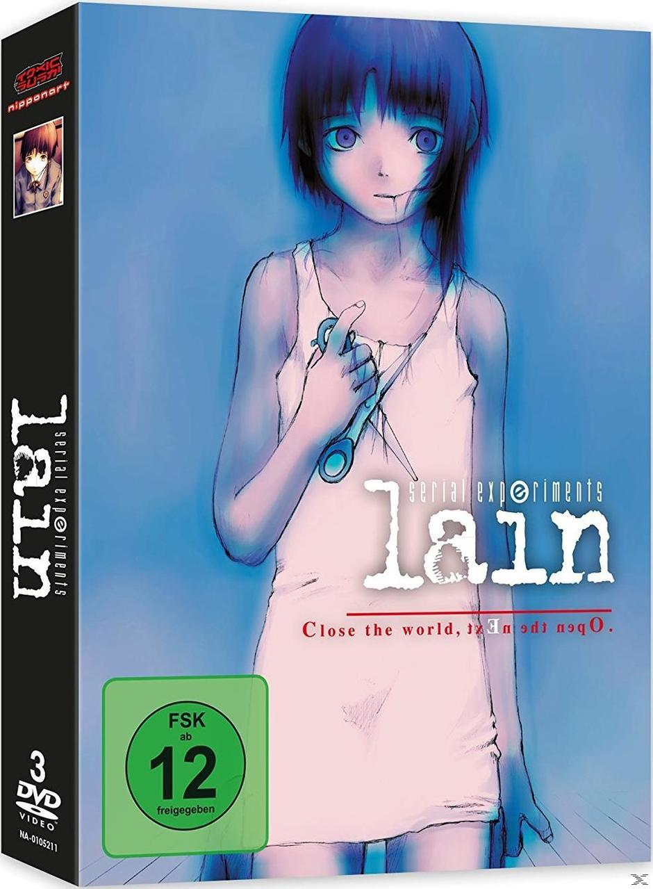 Serial Experiments Lain DVD-Cover. Anime-Mädchen in weißem Kleid mit Schere.