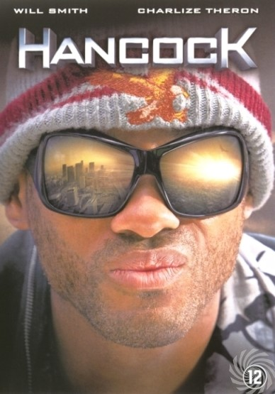 Will Smith met zonnebril en hoed. De film Hancock wordt op de poster getoond.