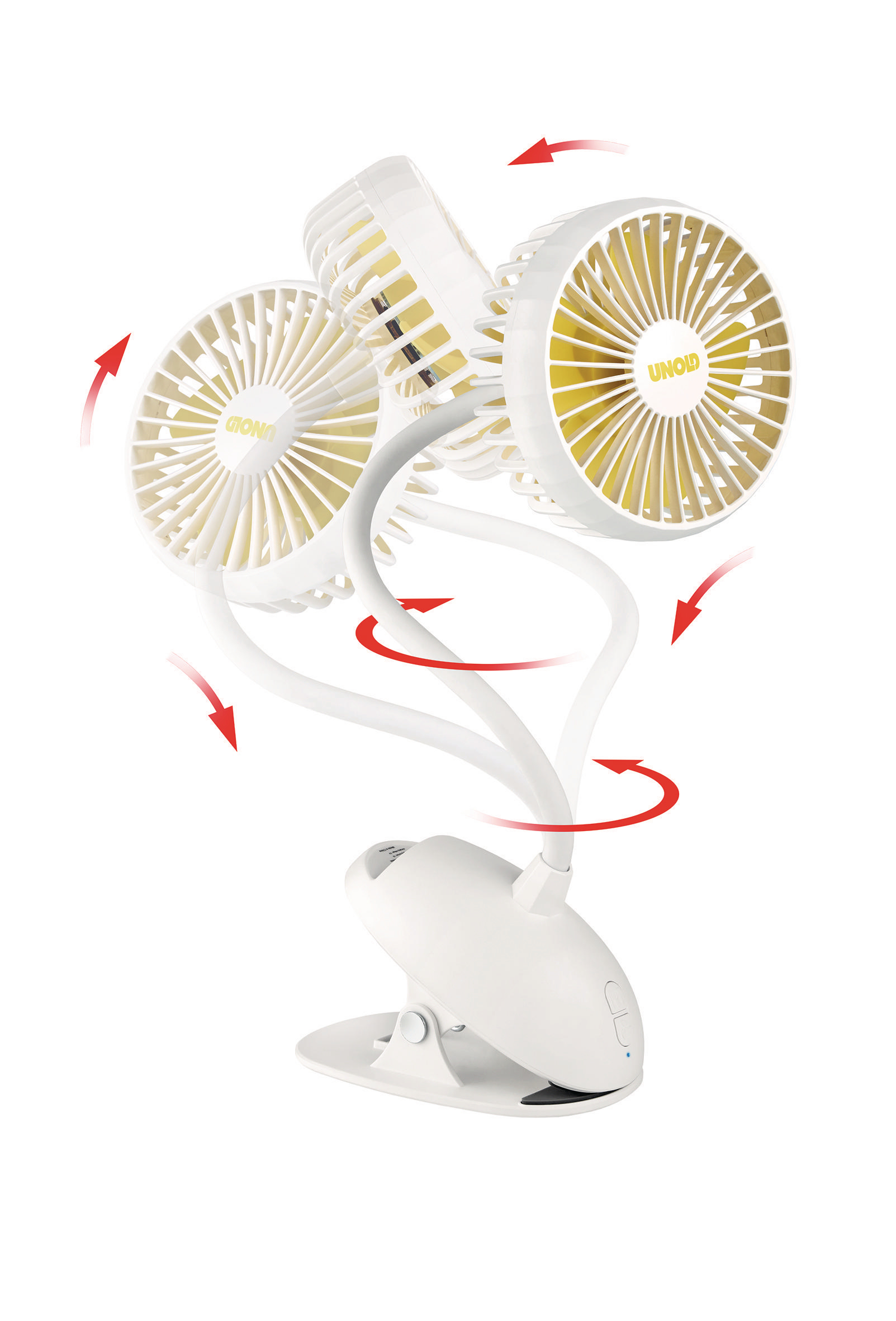 Ein weißer tragbarer Ventilator mit drei Ventilatoren, Pfeile zeigen die Luftströmung.