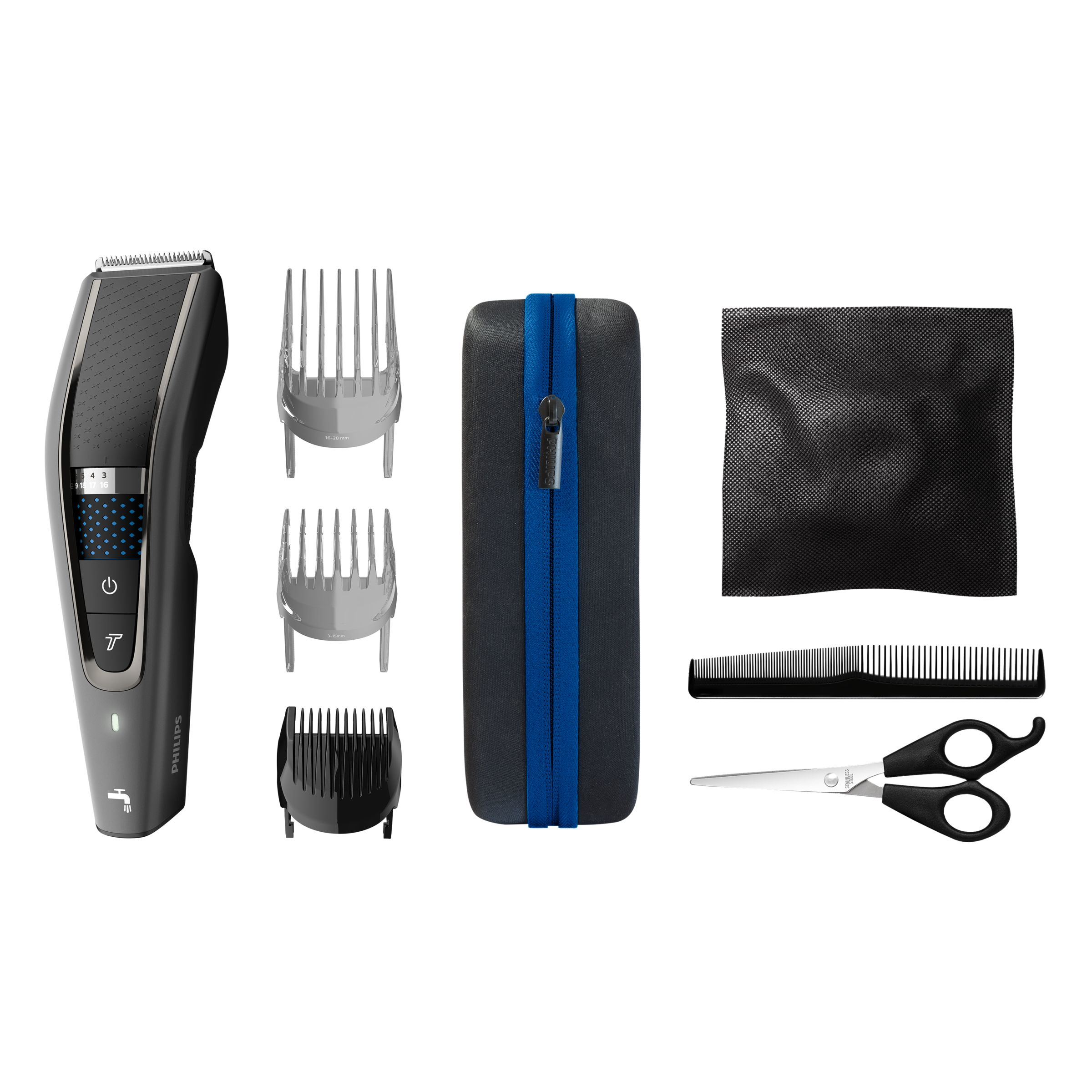 Haarschneider und Zubehör. Enthält Clipper, Aufsätze, Etui, Tuch, Kamm und Schere. Alles auf weißem Grund.