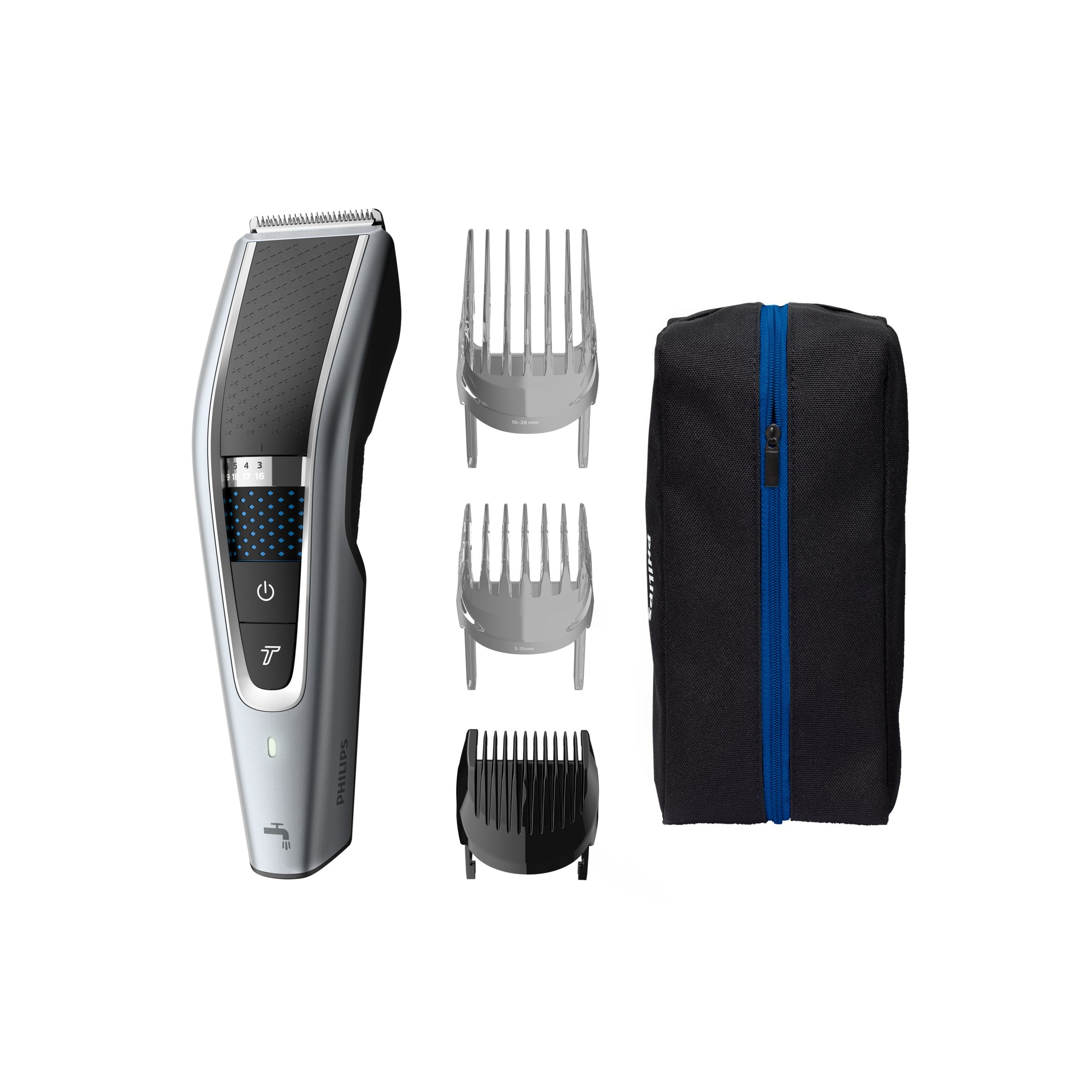 Black and silver hair clipper with accessories, on a white background.