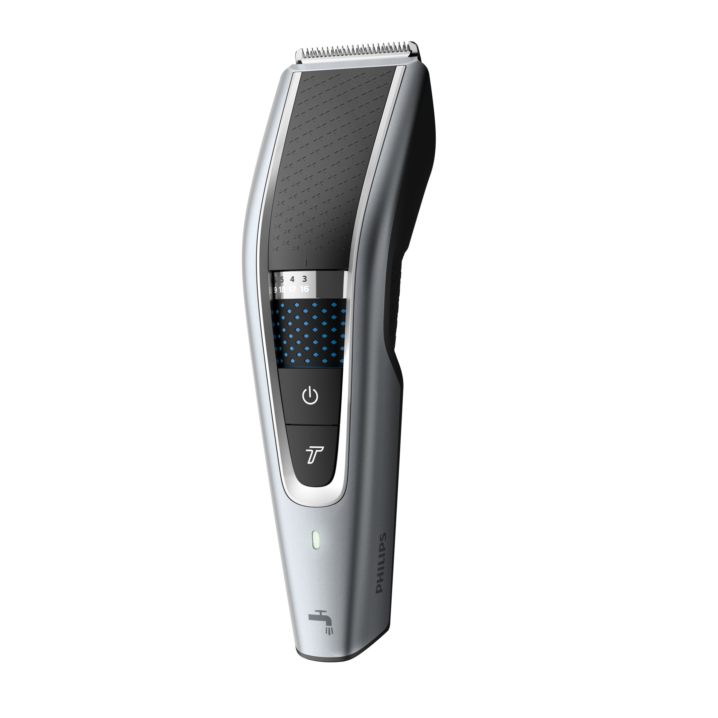 Silver and black hair clipper with digital display and the Philips logo.
