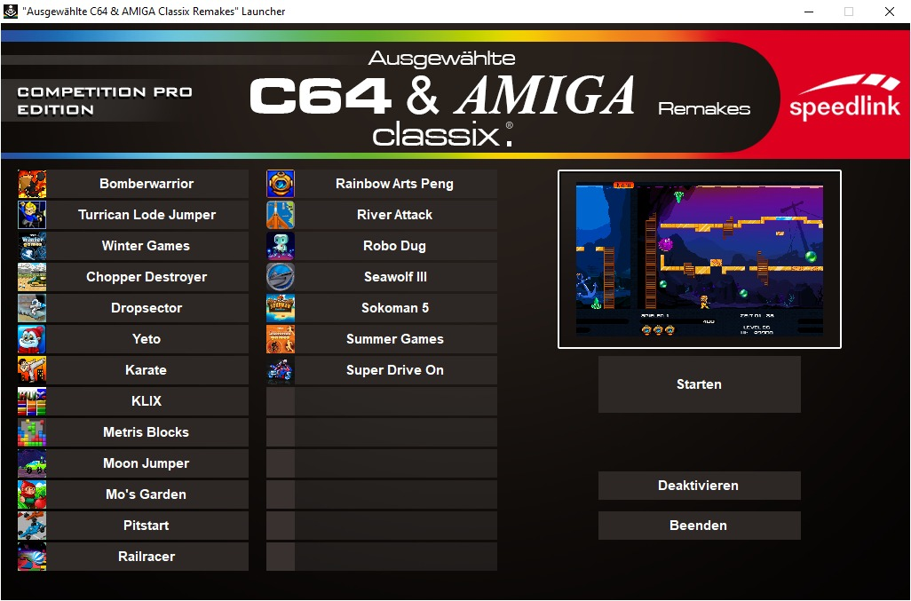 Screenshot eines C64 & Amiga classix Remakes Spiele-Launchers mit Spielminiaturen und Menüoptionen.