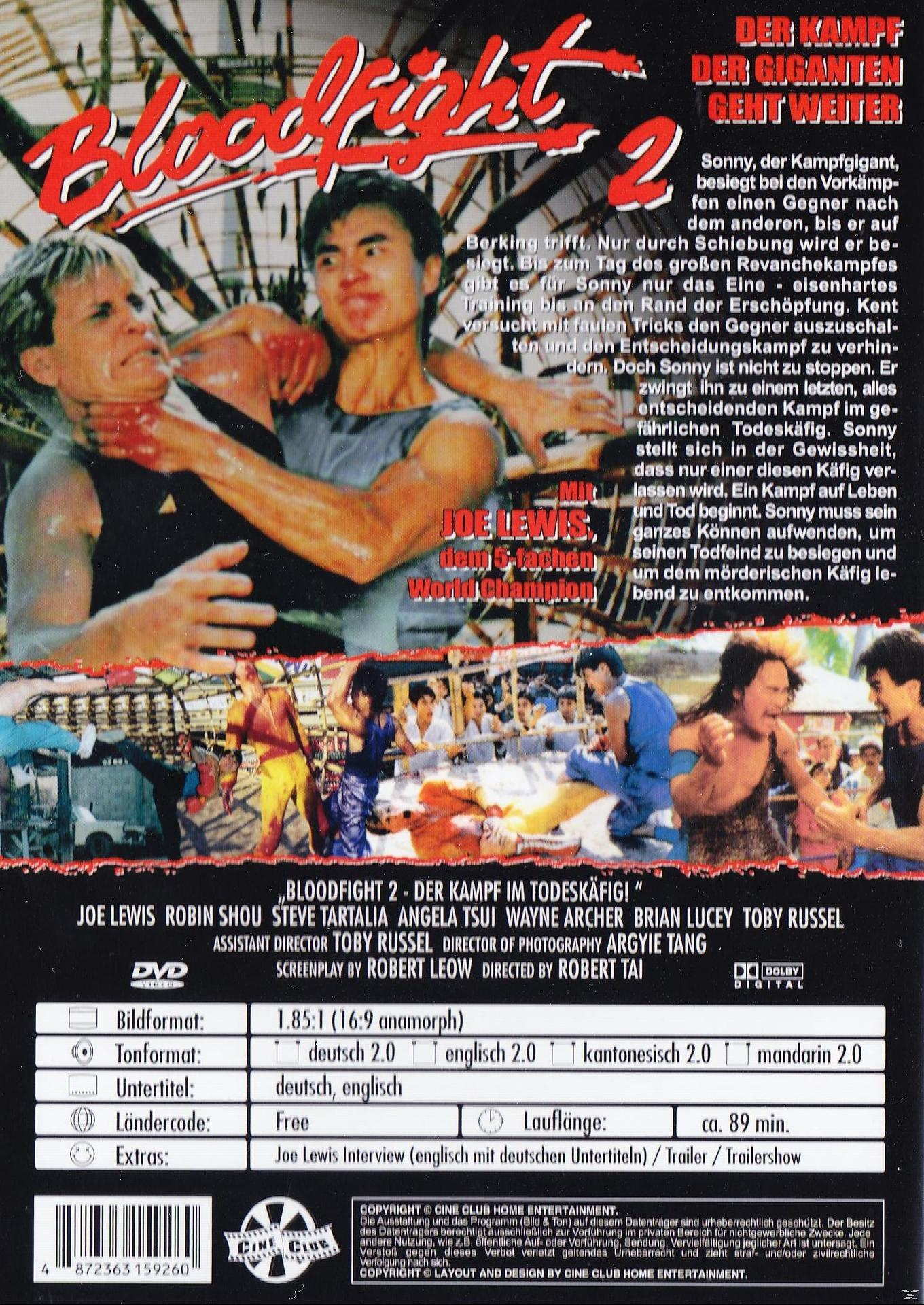 Filmcover von Bloodfight 2 mit zwei kämpfenden Männern. Text: BLOODFIGHT 2, Joe Lewis, Gang & Faces World Champion.