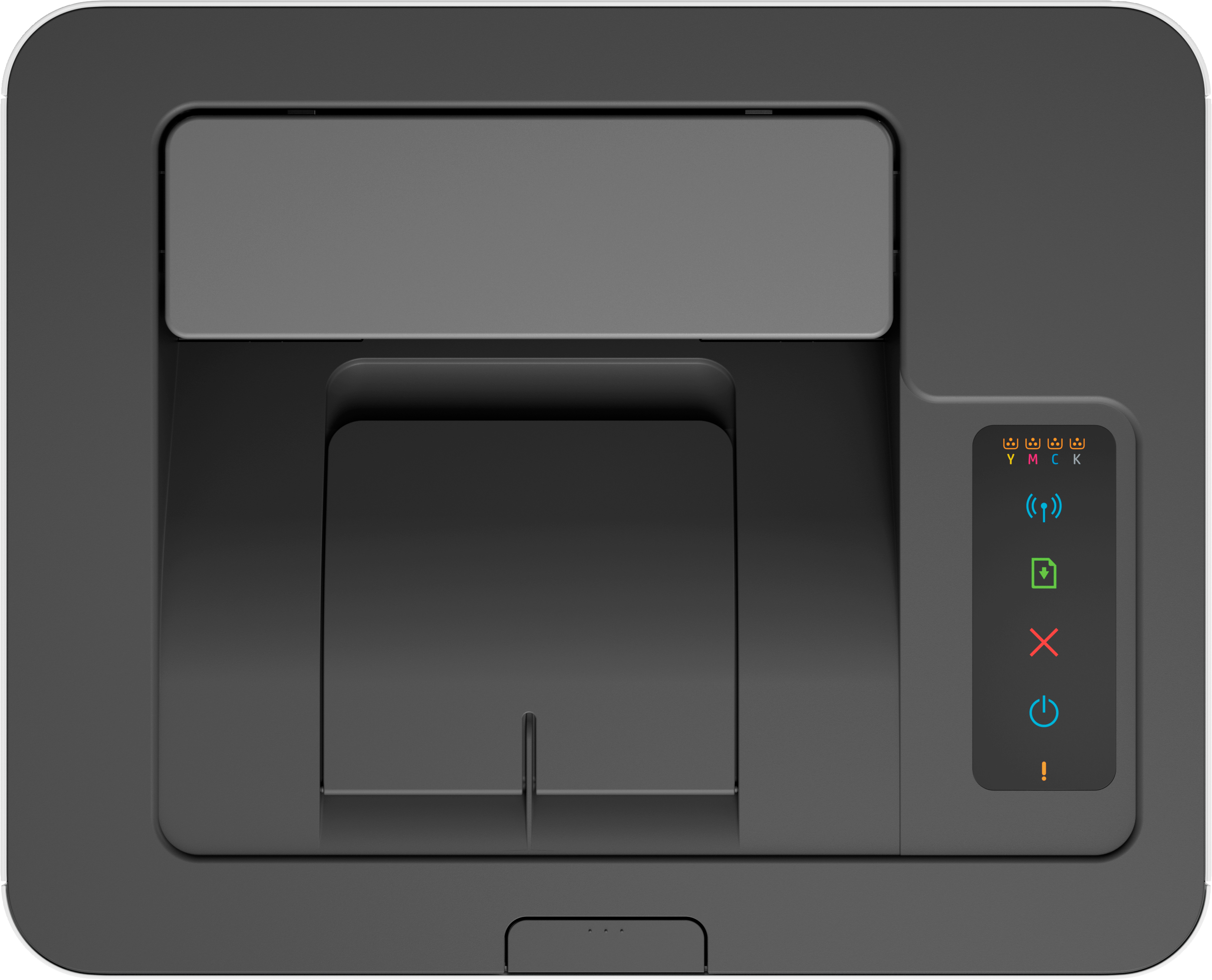 A top-down view of a black printer with control panel and ink indicators.