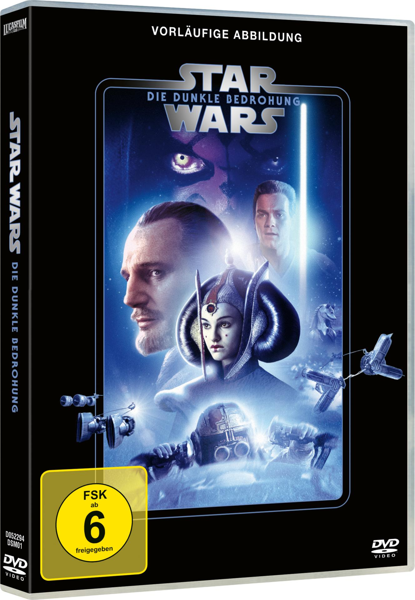 DVD-Cover: 'Star Wars: Die dunkle Bedrohung' mit Figuren, Weltraum.