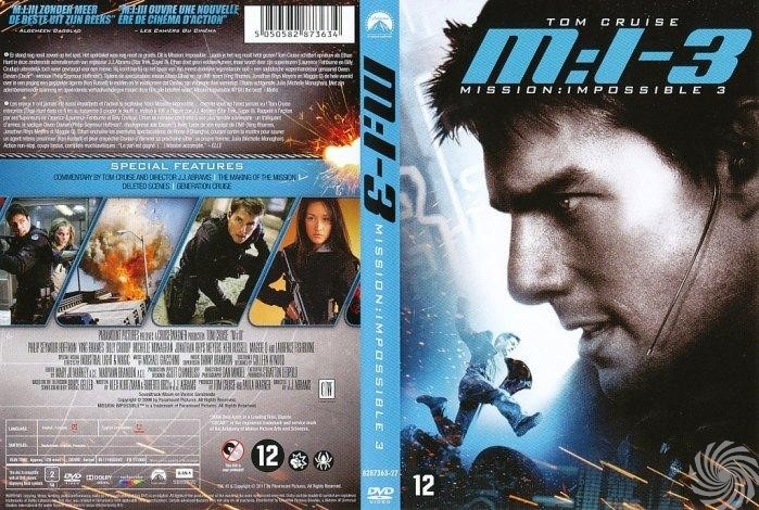 DVD-hoes voor de film M:I-3. Tom Cruise staat vooraan, rennend. Achterkant heeft film stills.