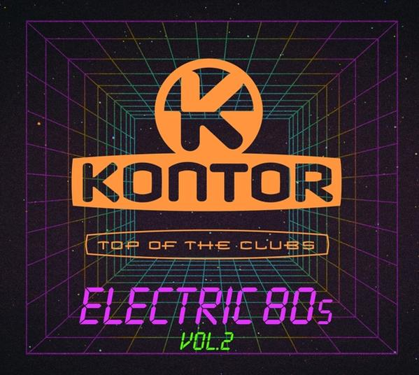 Albumcover für Kontor Electric 80s Vol. 2. Orange Logo und Text auf lila Gitterhintergrund.