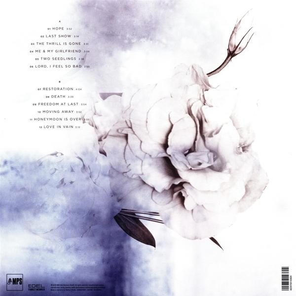 Albumcover, Blumendesign mit Titelliste, lila und weißes Thema.
