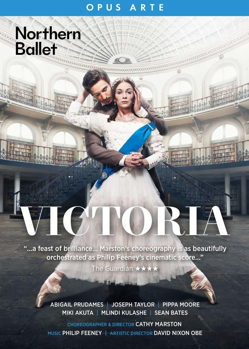 Victoria Ballettplakat. Paar in historischer Kleidung, Hintergrund einer großen Halle, Balletttitel und Namen.