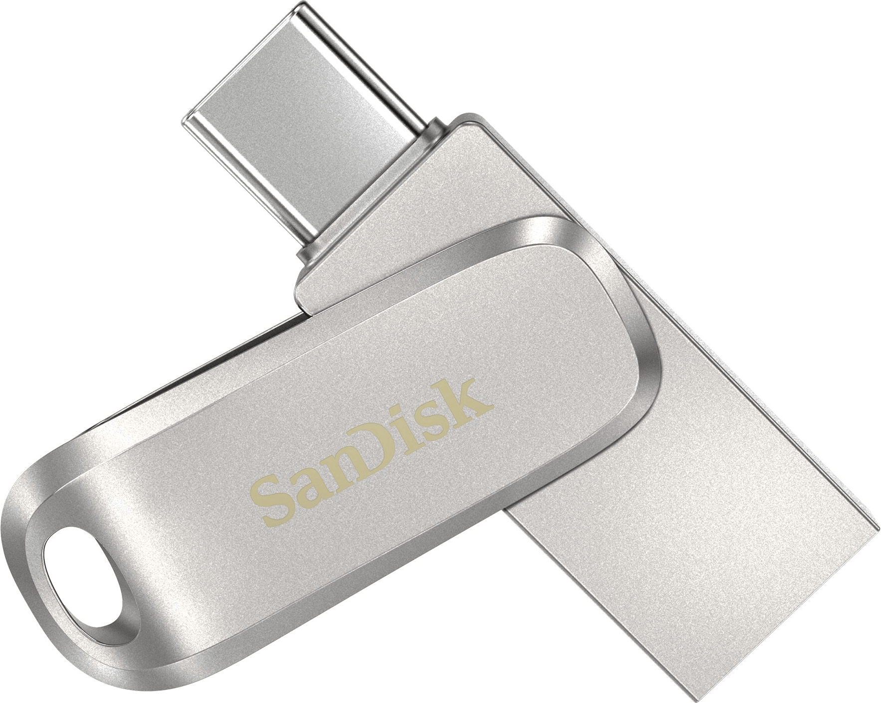 Ein silberner SanDisk USB-Stick mit USB-C-Anschluss.