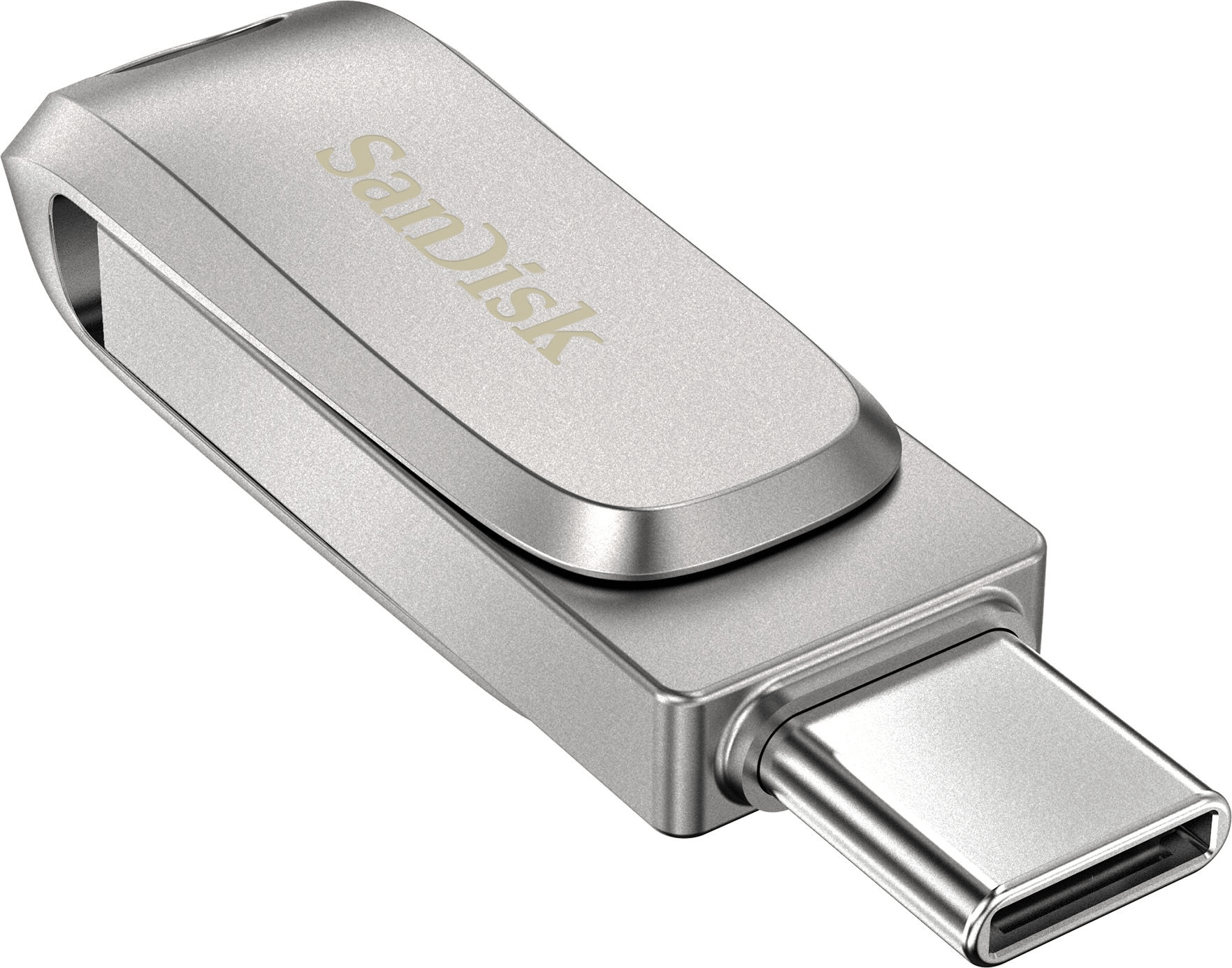 Silberner SanDisk USB-Flash-Laufwerk mit Typ-C-Anschluss. Schräge Ansicht.