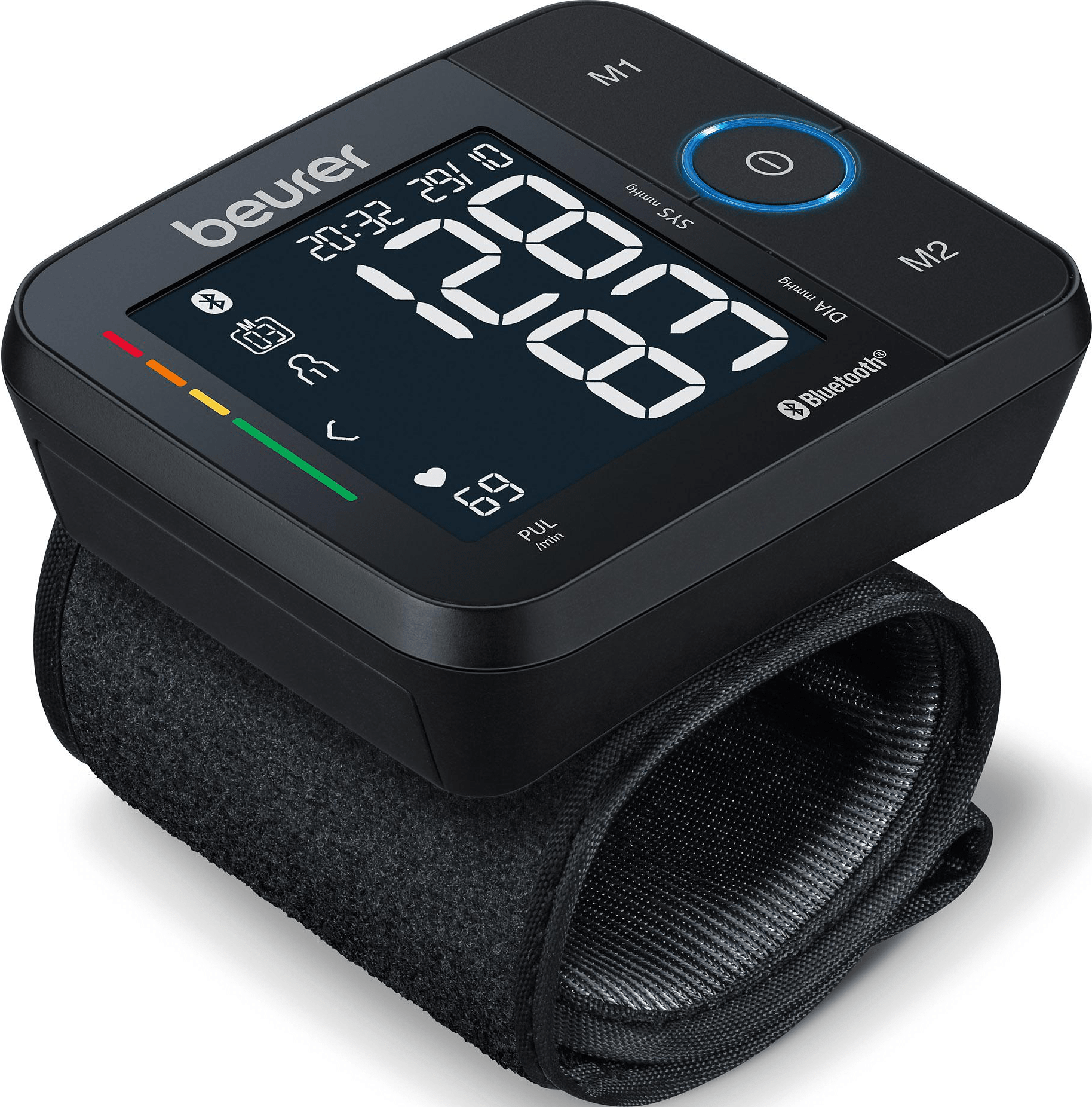 Misuratore di pressione da polso nero con display digitale che mostra le letture e Bluetooth.