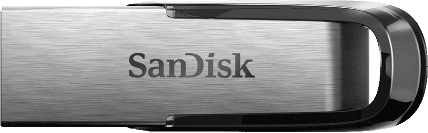 Chiavetta USB SanDisk argentata con dettagli neri, il marchio è visibile.