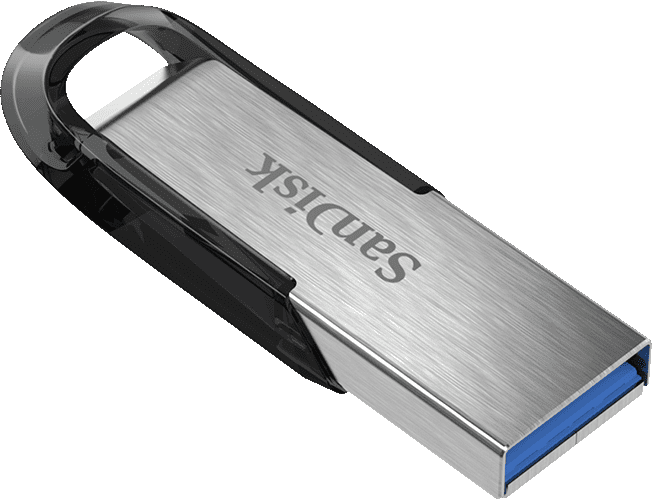 Un'unità USB SanDisk argentata e nera. Il logo 'SanDisk' è visibile in alto.