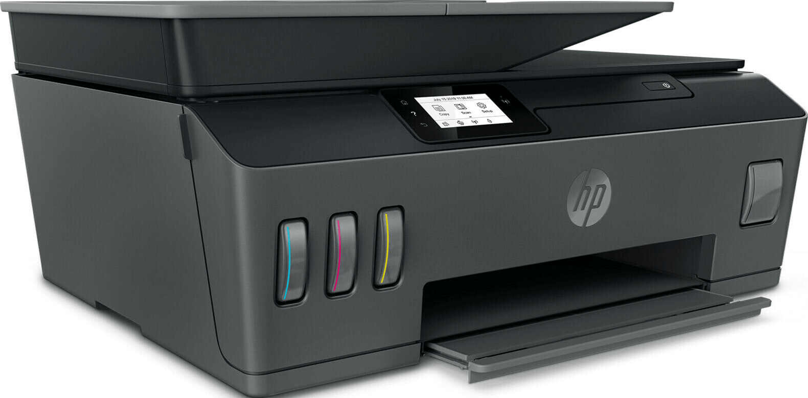 Ein dunkelgrauer HP-Drucker mit Touchscreen und sichtbaren Tintentanks.