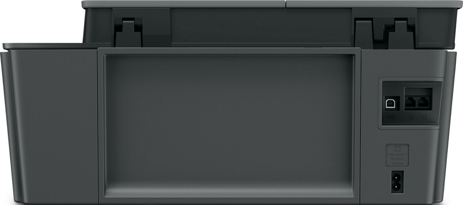 Rückansicht eines dunkelgrauen Druckers mit USB-, Ethernet-Anschlüssen und Stromeingang.