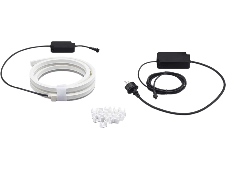 Une bande lumineuse LED blanche avec alimentation noire et clips.