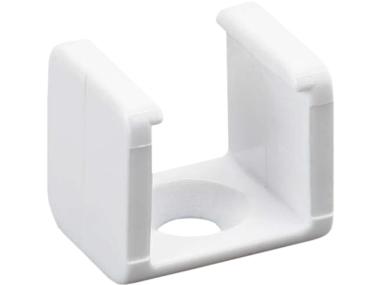 Un clip en plastique blanc avec une ouverture en forme de U et un trou à la base.